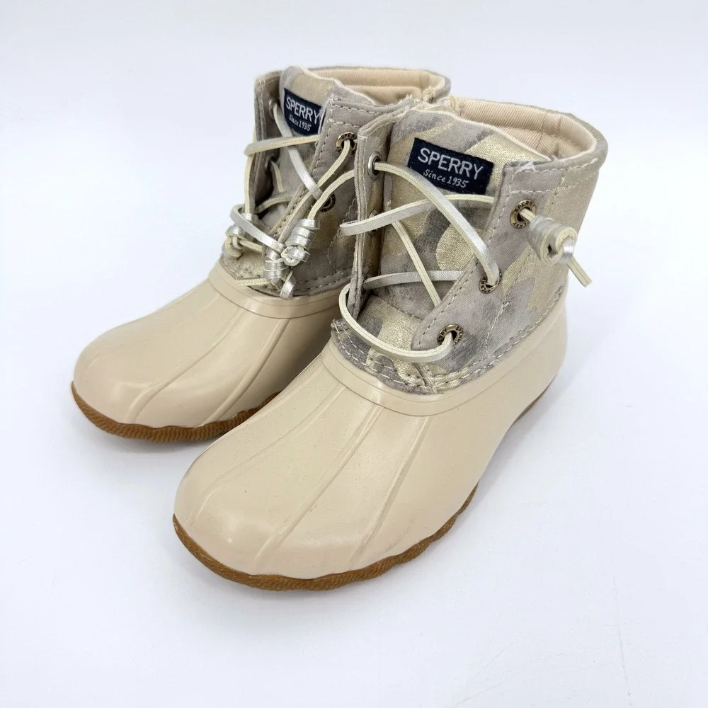 Sperry Girl's Saltwater Duck Cream Camo Boots Shoes Sz 10